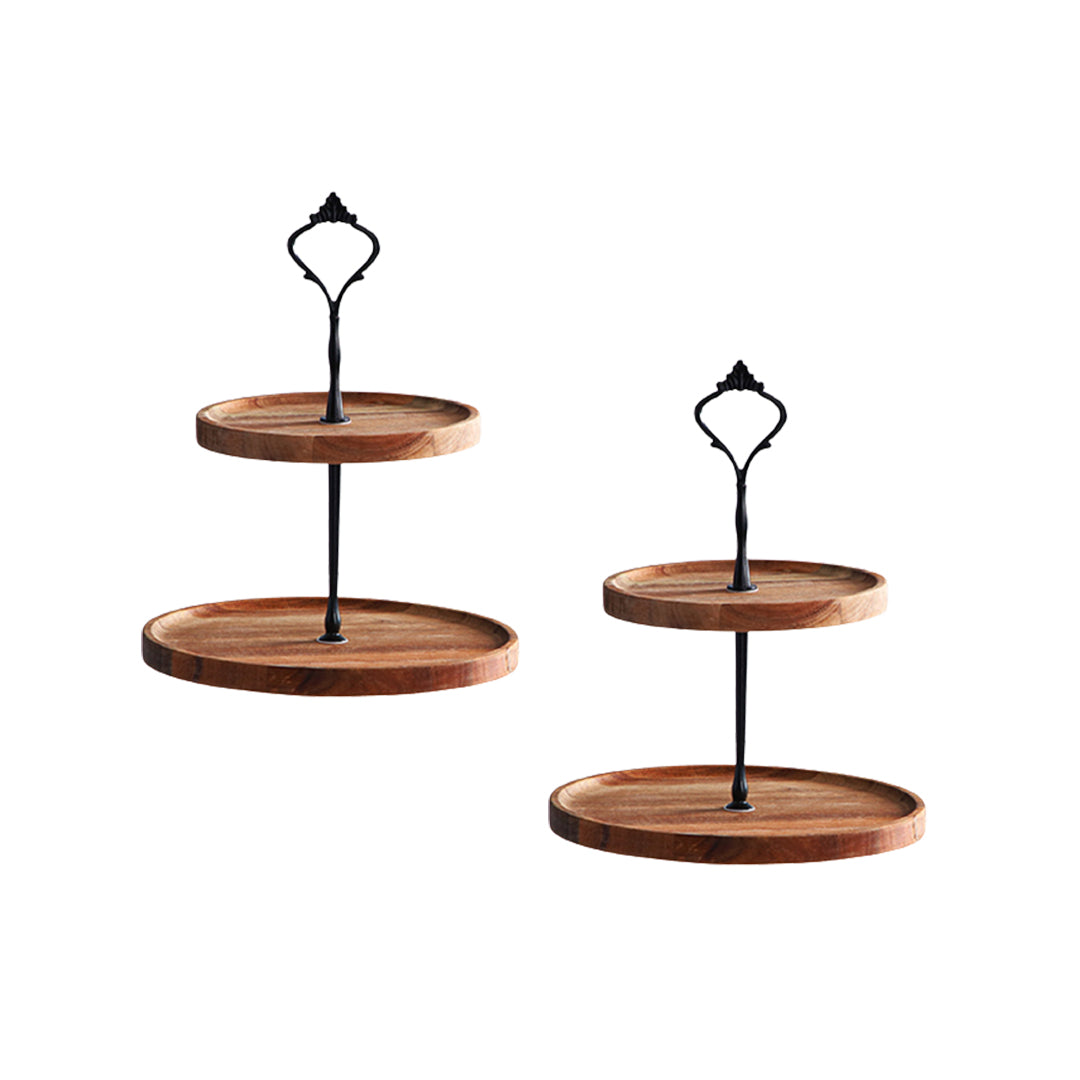 SOGA 2X 20cm 2 Tier Brown Round Wooden Acacia Dessert Tray Cake Snacks Cupcake Stand Buffet Serving Countertop Decor
