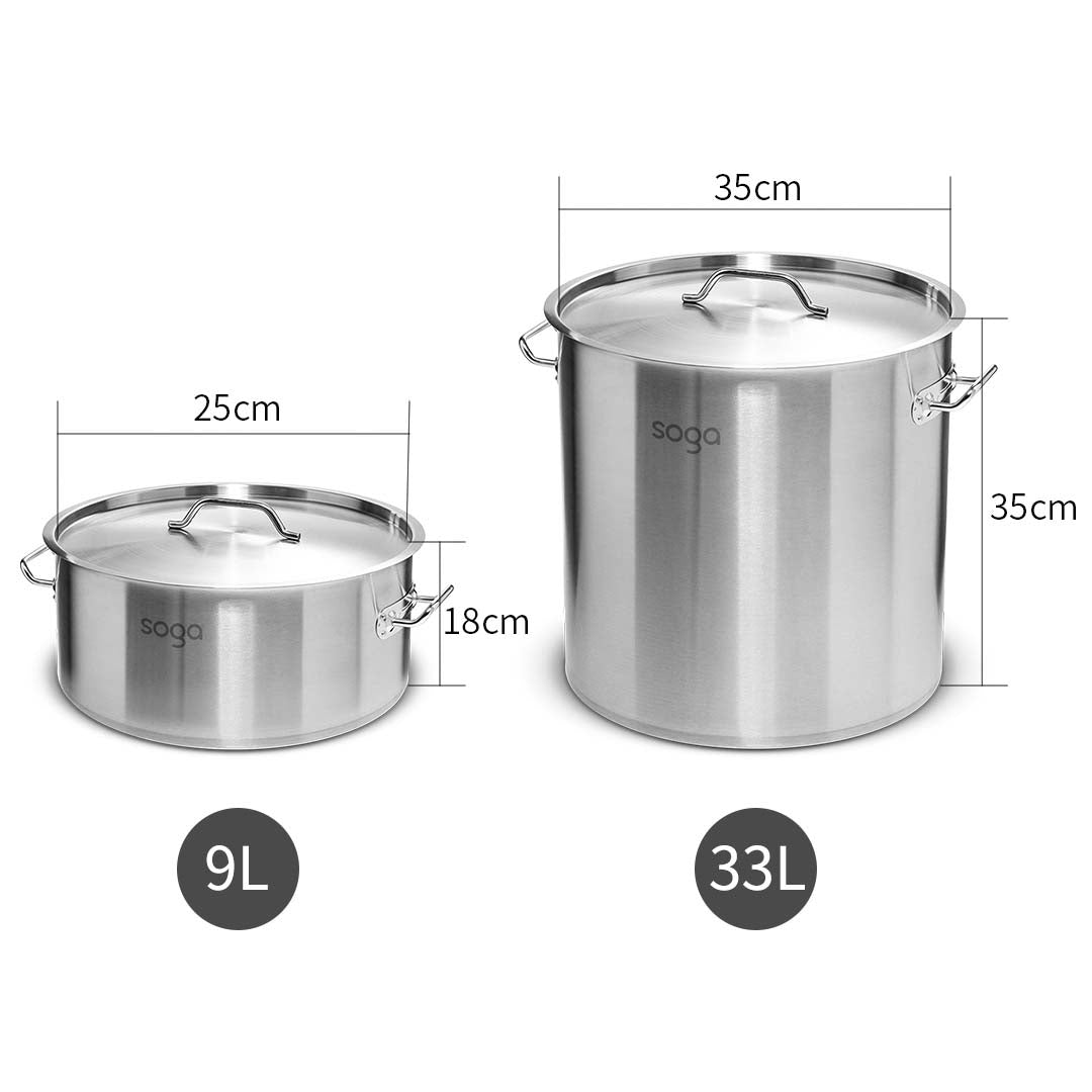 SOGA 9L Wide Stock Pot and 33L Tall Top Grade Thick Stainless Steel Stockpot 18/10