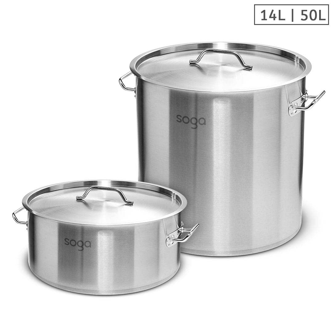 SOGA 14L Wide Stock Pot and 50L Tall Top Grade Thick Stainless Steel Stockpot 18/10