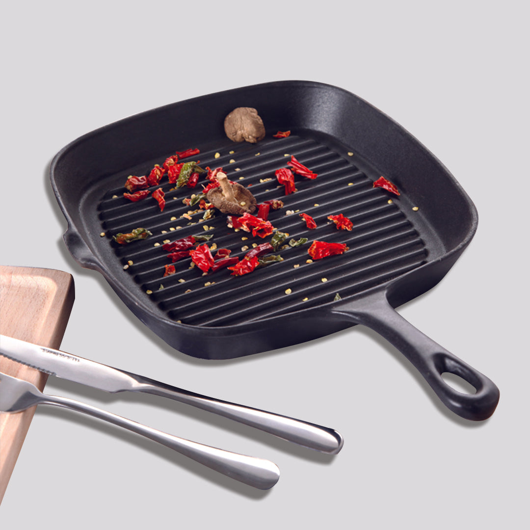 SOGA 2X 23.5cm Square Ribbed Cast Iron Frying Pan Skillet Steak Sizzle Platter with Handle