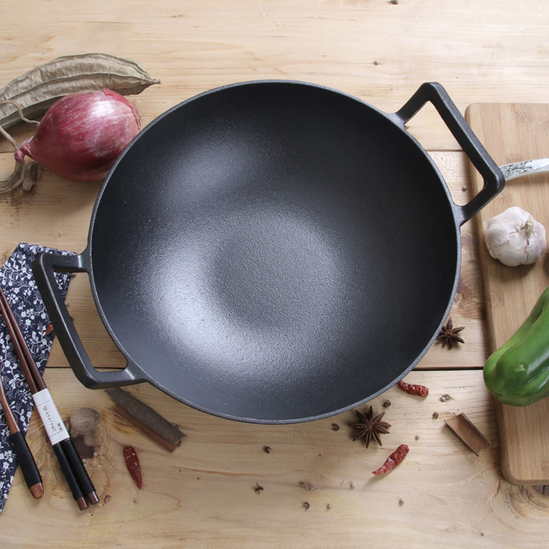 SOGA 2X 32cm Commercial Cast Iron Wok FryPan Fry Pan with Double Handle