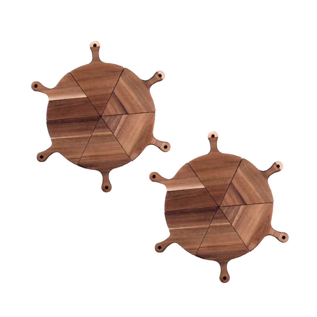 SOGA 2X 6 pcs Brown Round Divisible Wood Pizza Server Food Plate Board Pizza Paddle Cutting Board Home Decor