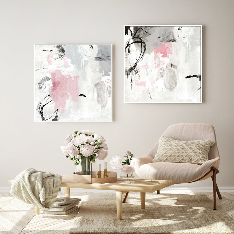 70cmx70cm Abstract Pink Grey 2 Sets White Frame Canvas Wall Art