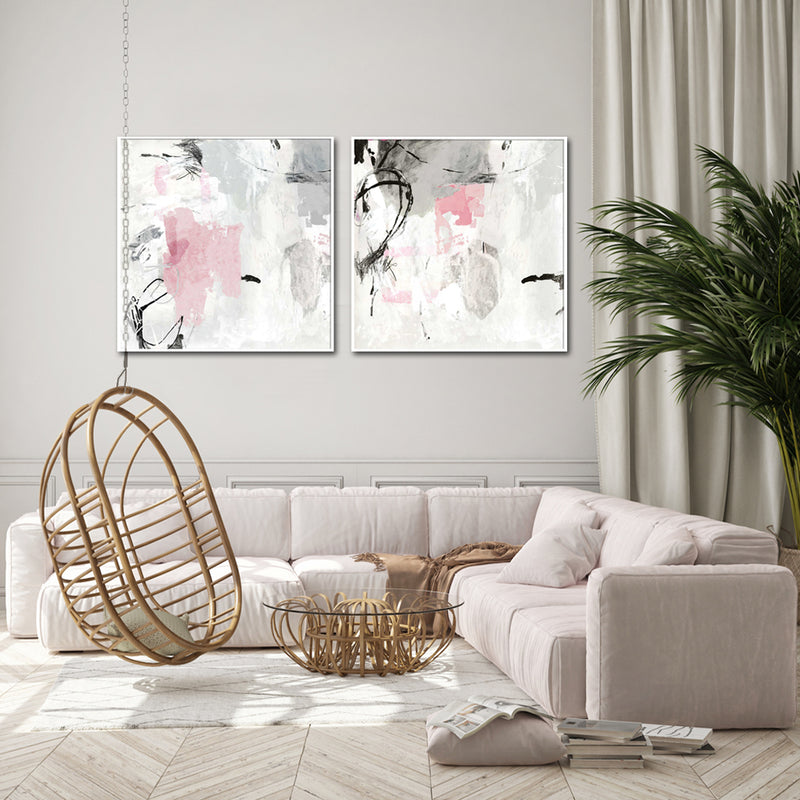 70cmx70cm Abstract Pink Grey 2 Sets White Frame Canvas Wall Art