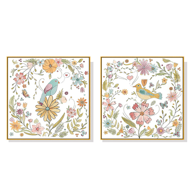 70cmx70cm Floral birds 2 Sets Gold Frame Canvas Wall Art
