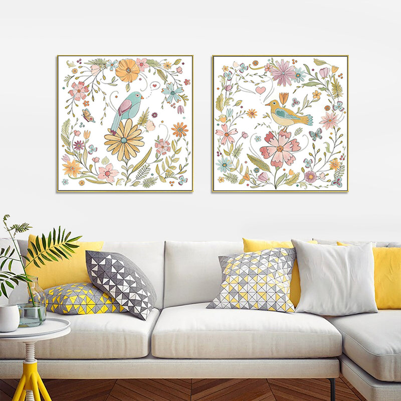 70cmx70cm Floral birds 2 Sets Gold Frame Canvas Wall Art