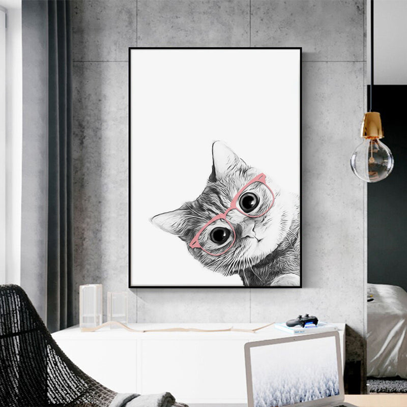 70cmx100cm Cat With Glasses Black Frame Canvas Wall Art