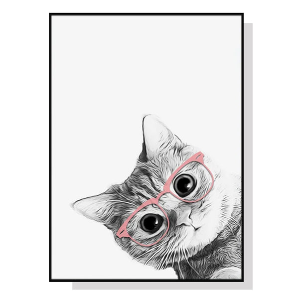 80cmx120cm Cat With Glasses Black Frame Canvas Wall Art