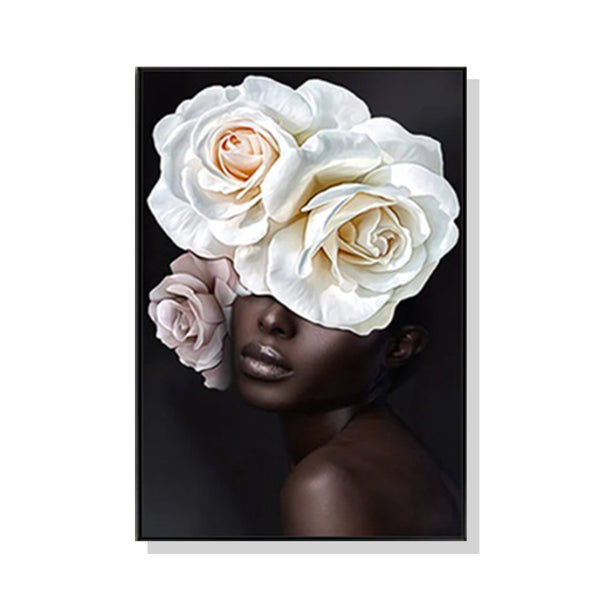70cmx100cm Flower African Woman Black Frame Canvas Wall Art