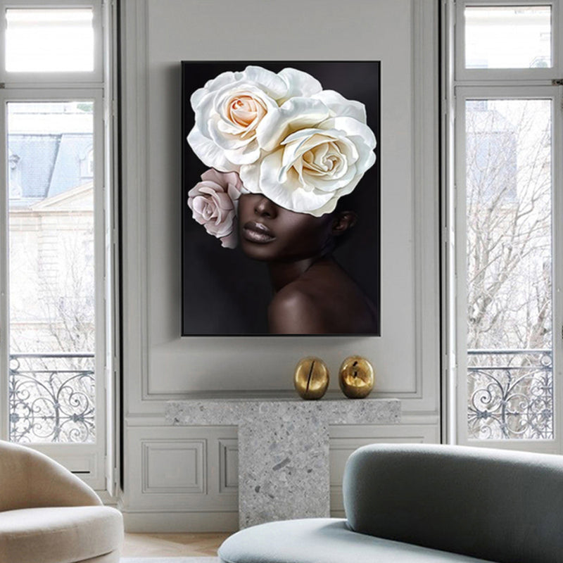 70cmx100cm Flower African Woman Black Frame Canvas Wall Art