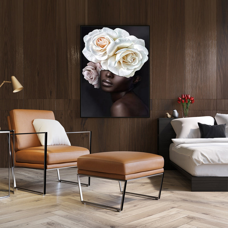80cmx120cm Flower African Woman Black Frame Canvas Wall Art
