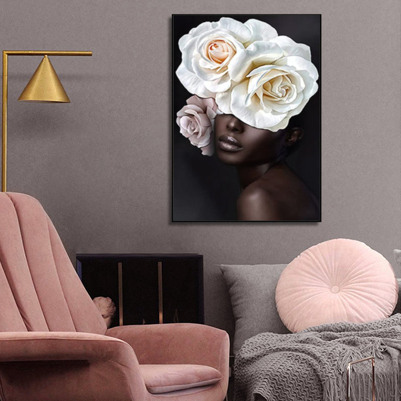 80cmx120cm Flower African Woman Black Frame Canvas Wall Art