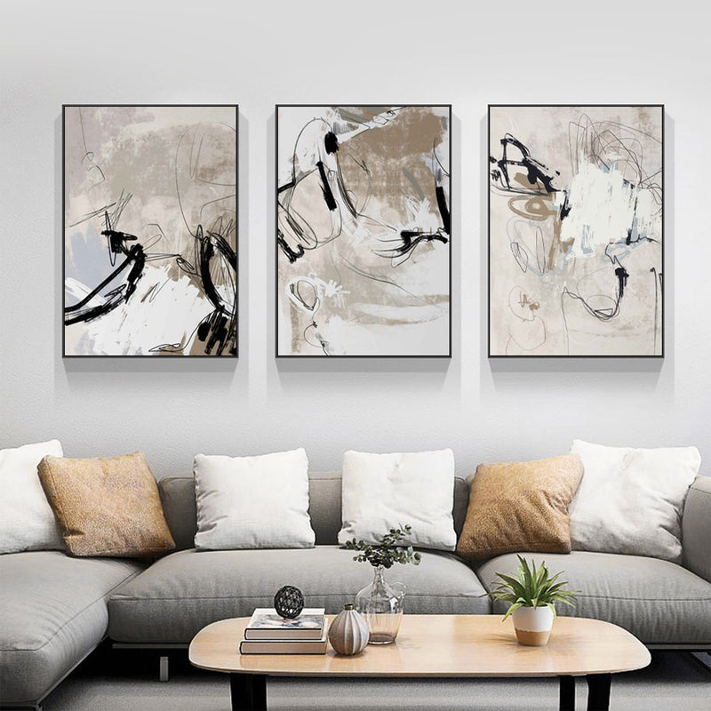 60cmx90cm Modern Abstract Beige 3 Sets Black Frame Canvas Wall Art