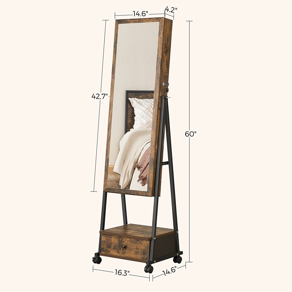 SONGMICS Lockable Jewelry Cabinet Floor Standing on Wheels with Mirror Rustic Brown JJC004X01