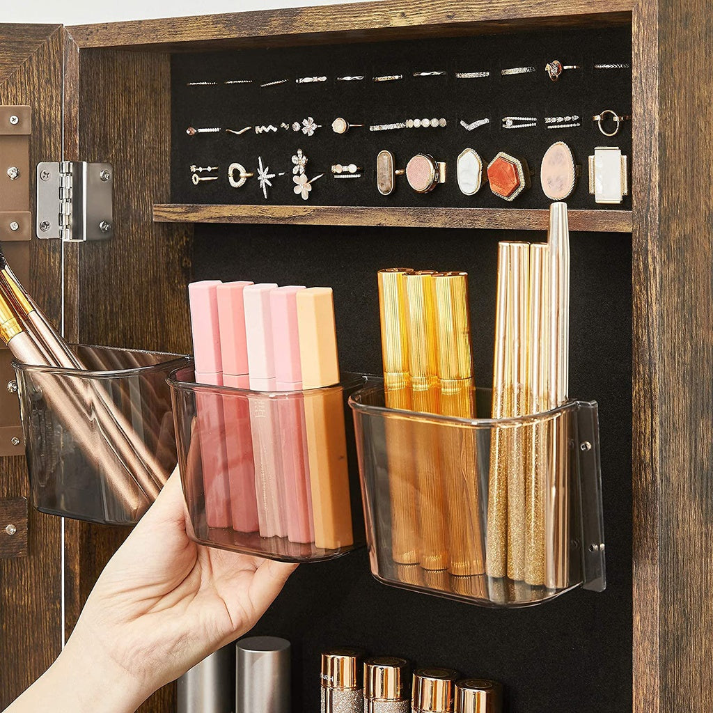 SONGMICS Lockable Jewelry Cabinet Floor Standing on Wheels with Mirror Rustic Brown JJC004X01