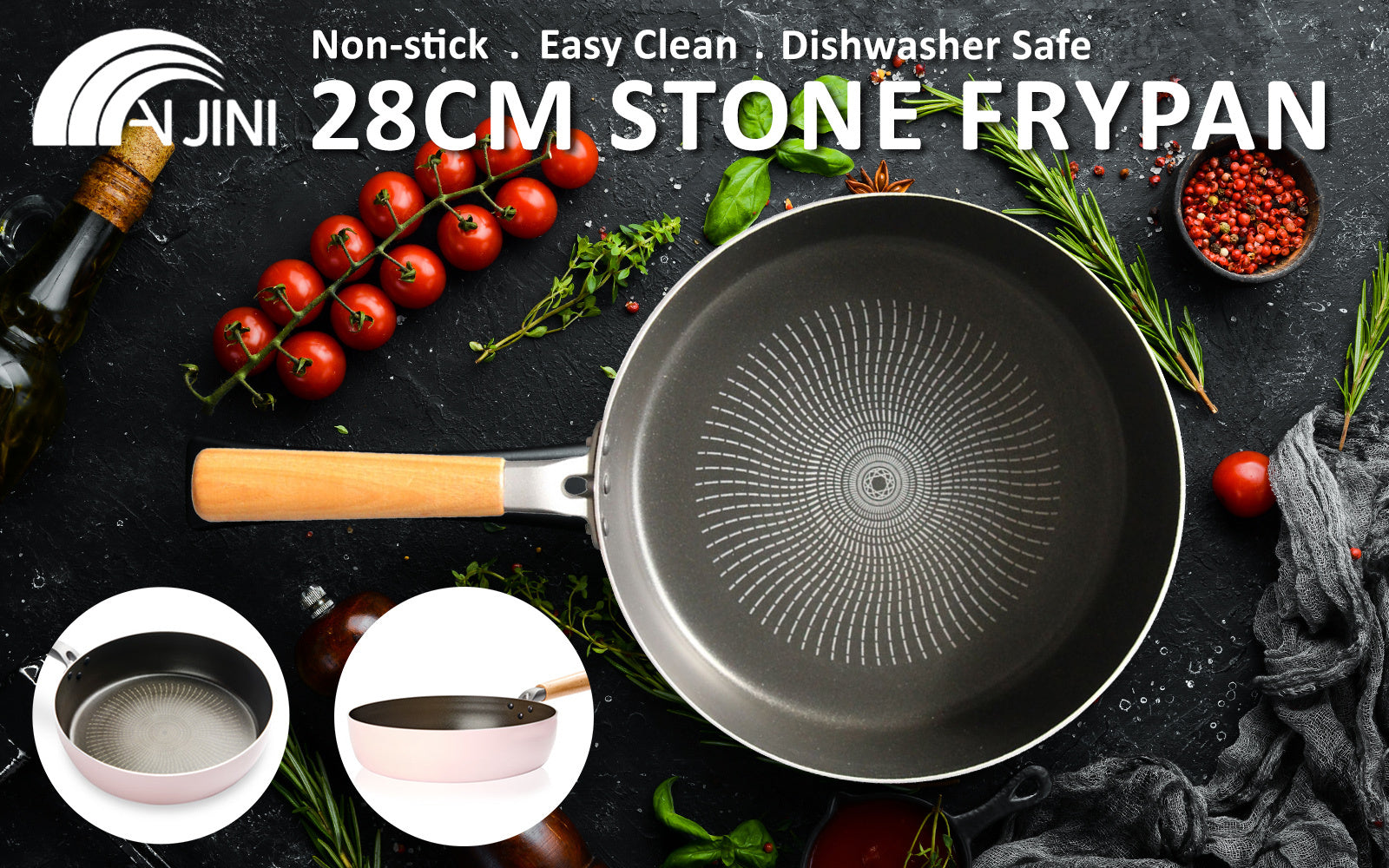 Fanjini Round 28cm Pink Stone Frypan Frying Pan Non-Stick Induction Ceramic Wood