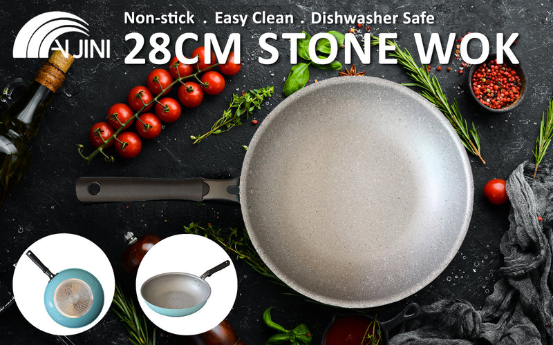 Fanjini Round 28cm Pure Sky Blue Stone Wok Wokpan Non-Stick Induction Ceramic