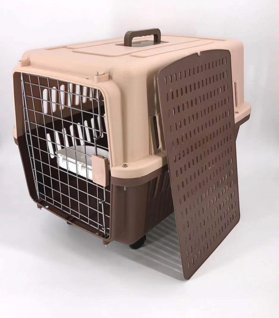 Brown Large Dog Puppy Cat Crate Pet Carrier Cage With Tray, Bowl & Wheel