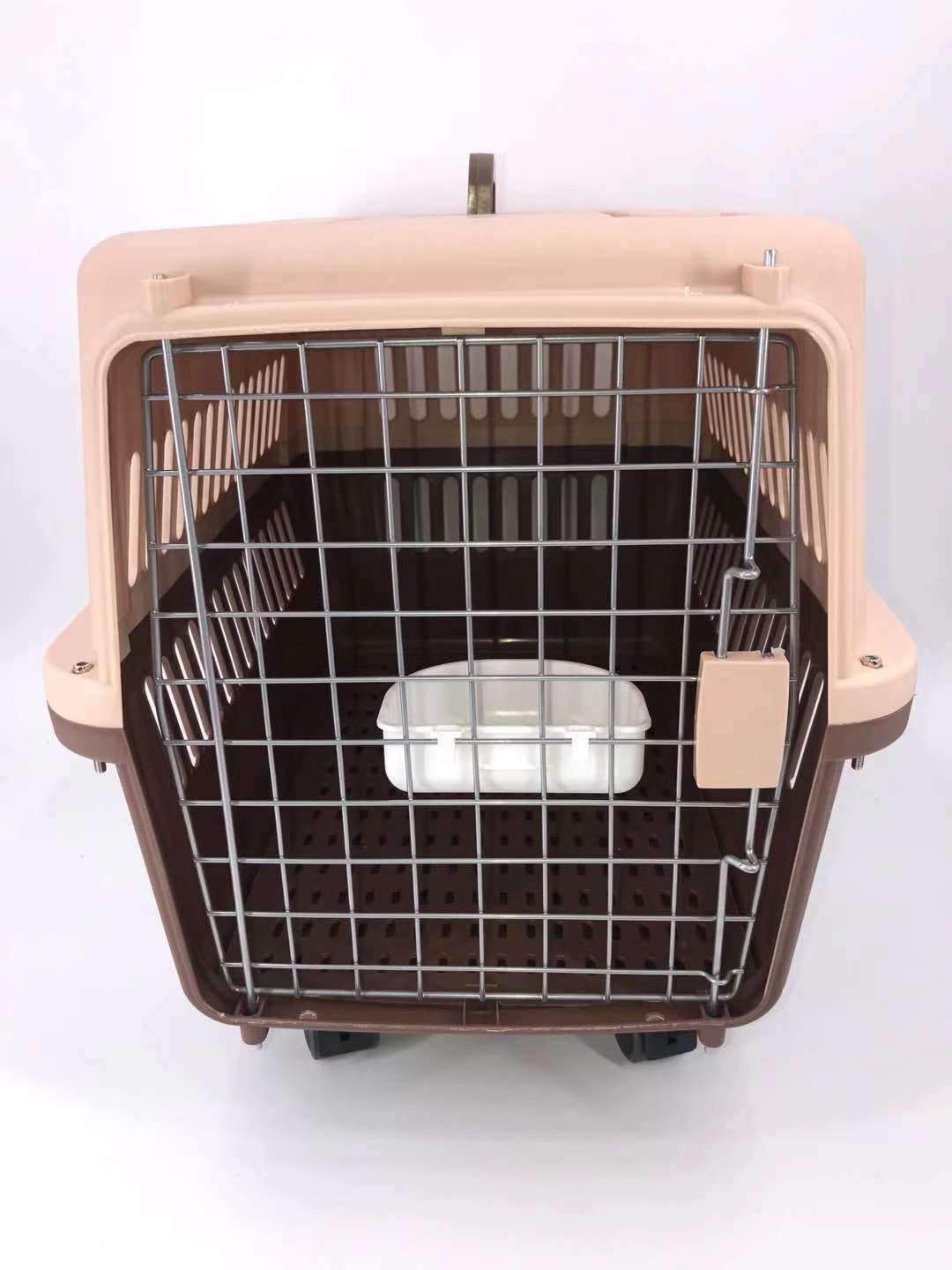 Brown Large Dog Puppy Cat Crate Pet Carrier Cage With Tray, Bowl & Wheel