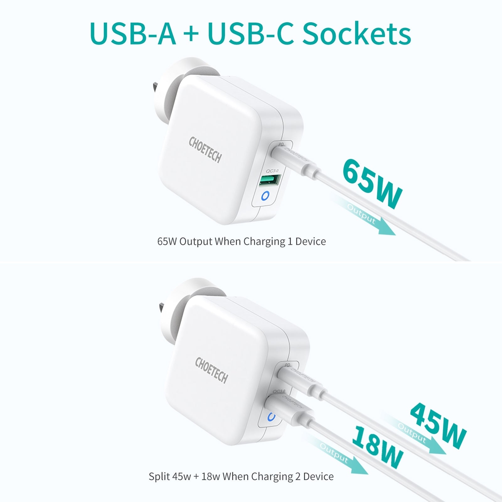 CHOETECH PD8002 65W 2-Port PD GaN Tech USB-C Foldable Fast Charging Adapter