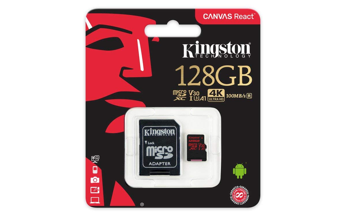 KINGSTON Canvas React: MicroSD 128GB , 100MB/s read and 70MB/s write with SD adapter SDCR/128GB