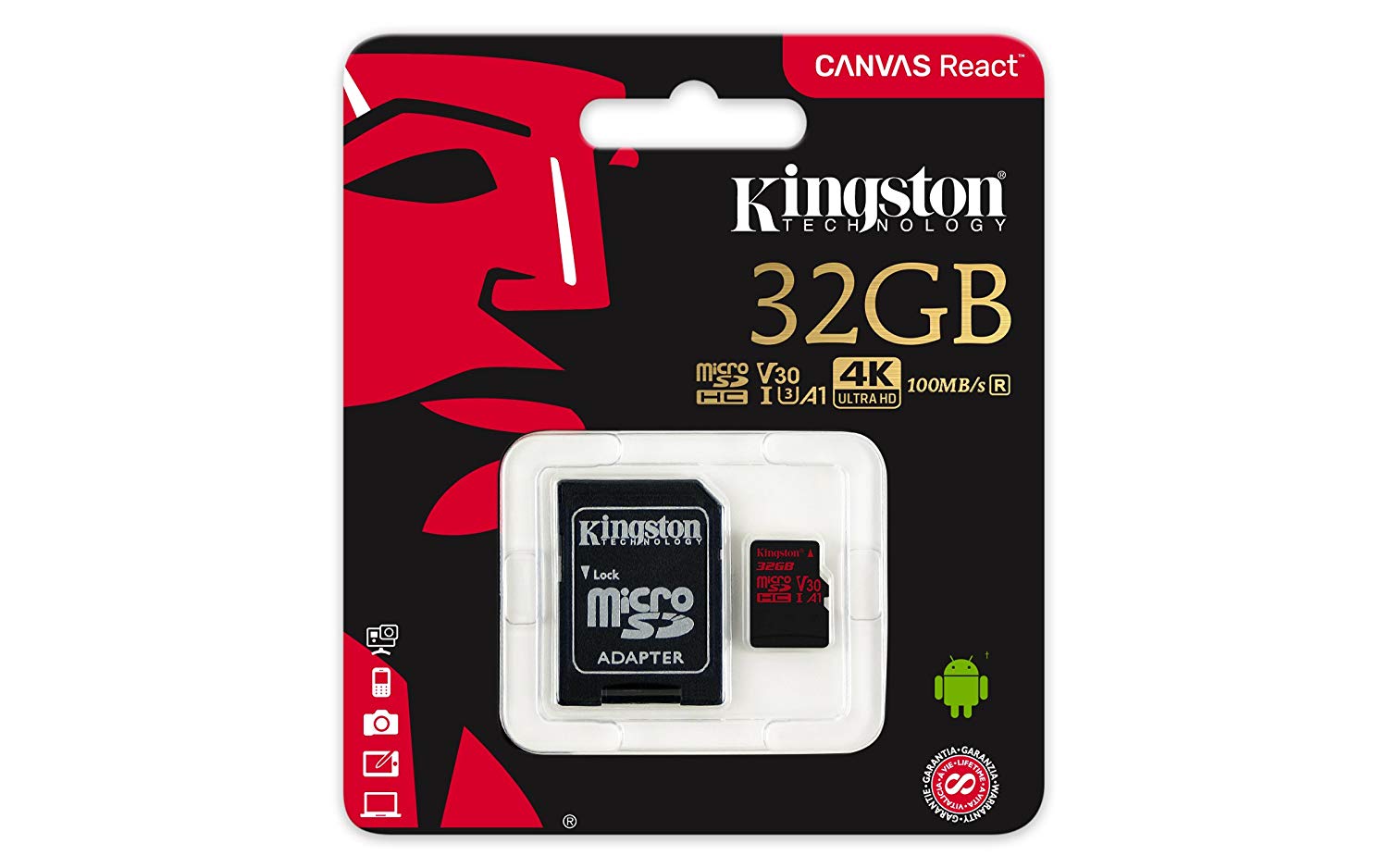 KINGSTON Canvas React: MicroSD 32GB , 100MB/s read and 70MB/s write with SD adapter SDCR/32GB