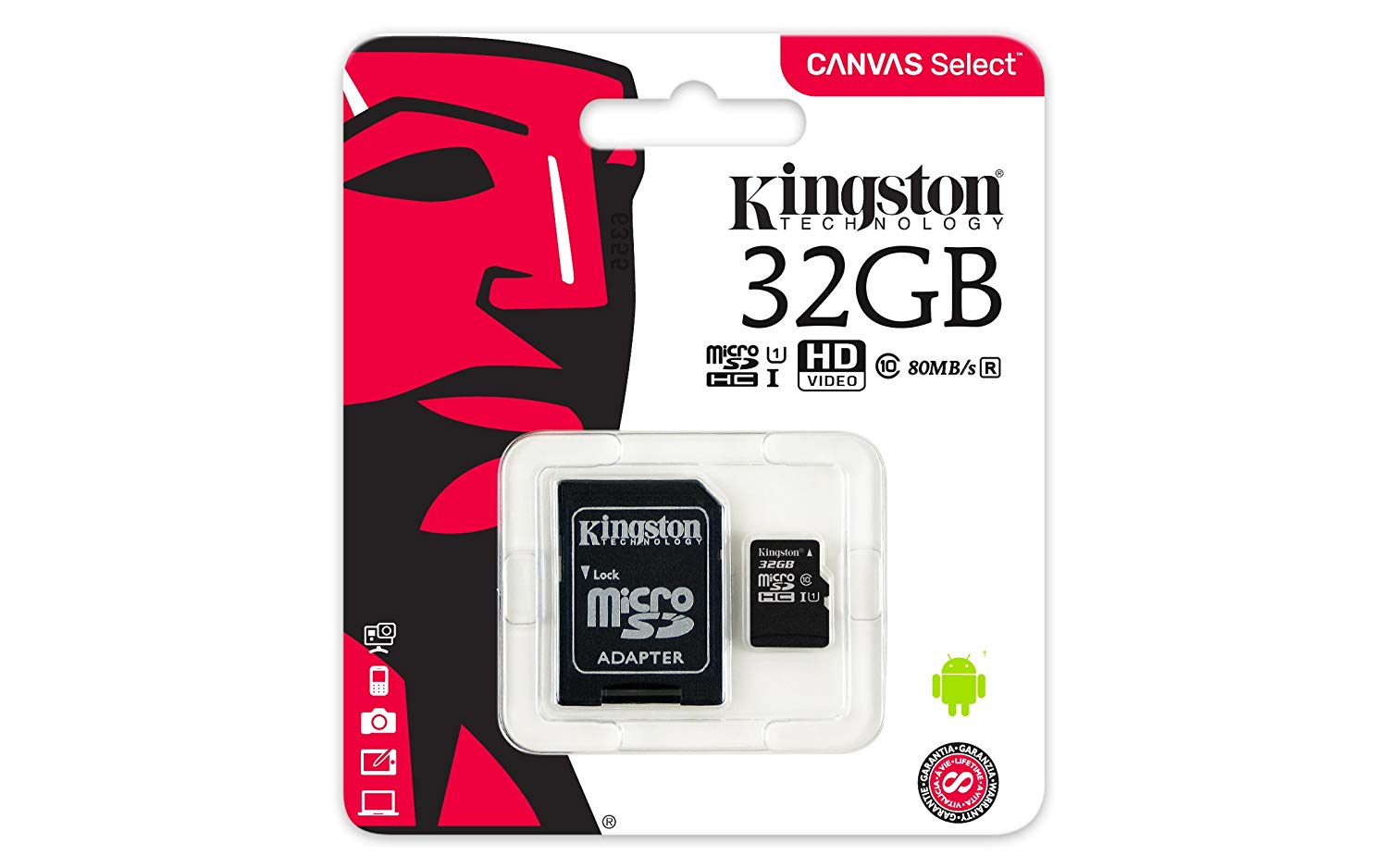 KINGSTON Canvas Select:MicroSD 32GB , 80MB/s read and 10MB/s write with SD adapter SDCS/32GB
