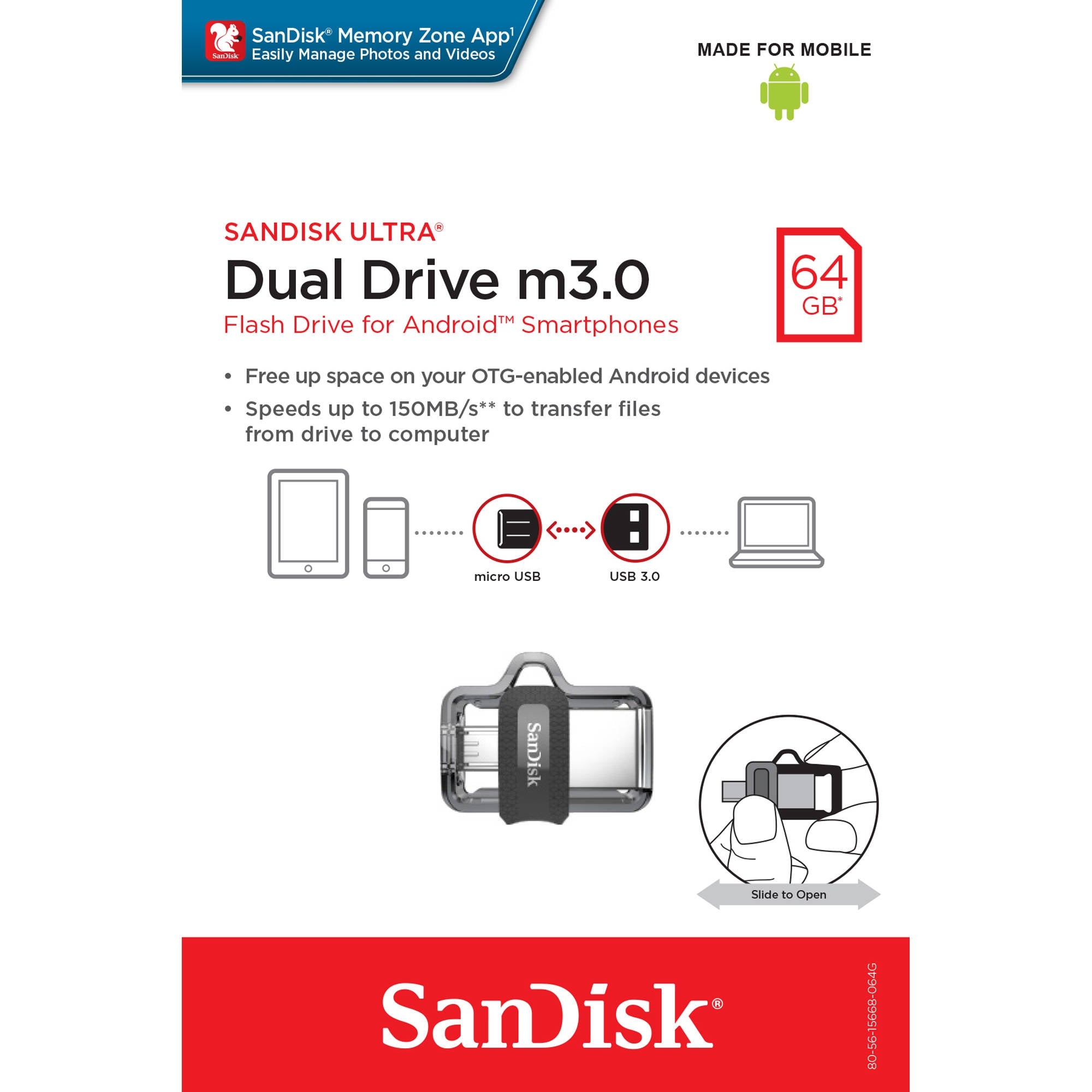 SANDISK OTG ULTRA DUAL USB DRIVE 3.0 FOR ANDRIOD PHONES 64GB 150MB/S SDDD3-64G