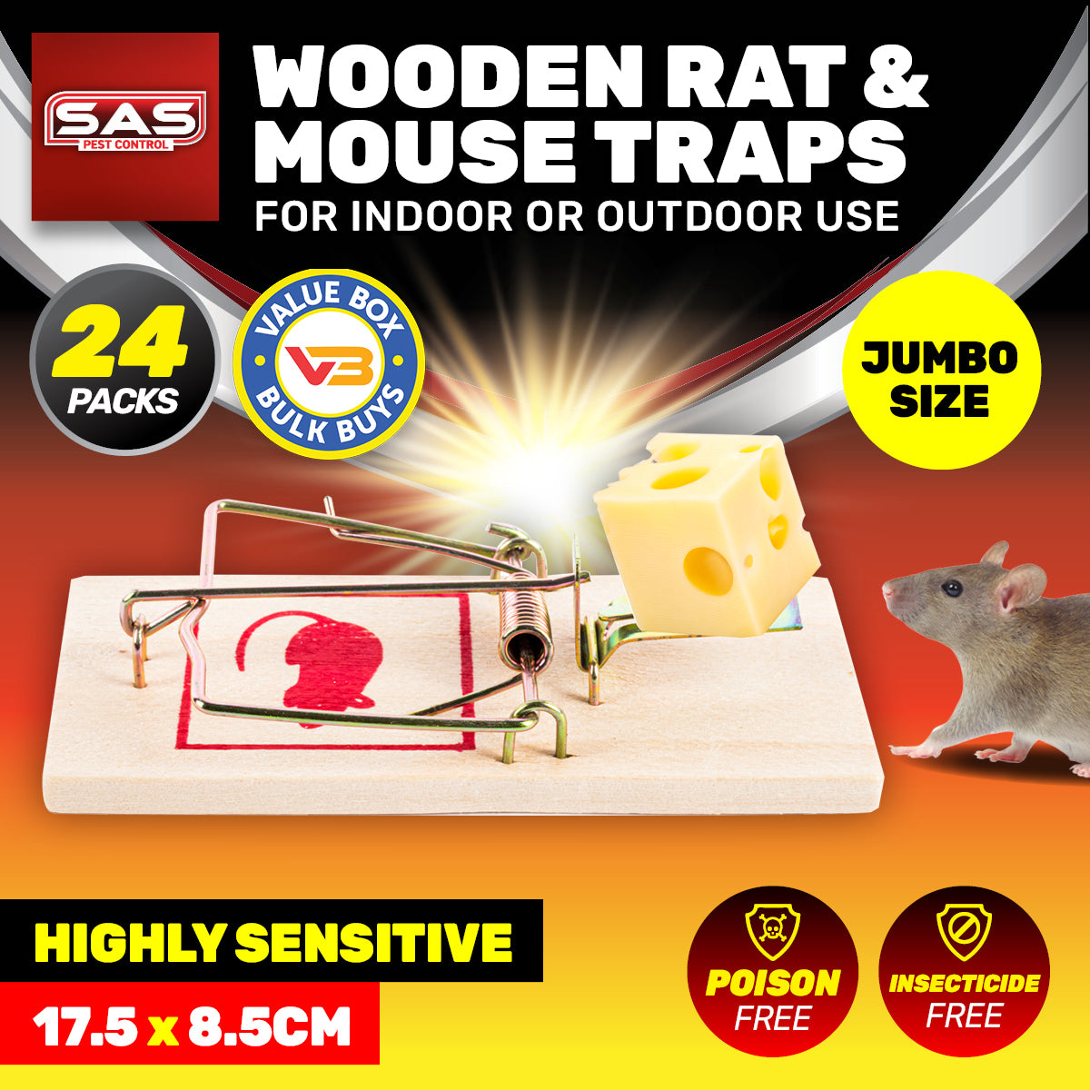 SAS Pest Control 24PCE Mouse Traps Jumbo Wooden Indoor/Outdoor 17.5 x 8.5cm