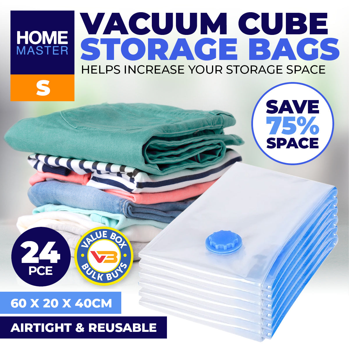 Home Master 24PCE Vacuum Storage Bags Small Re-Usable Space Saver 60 x 40cm