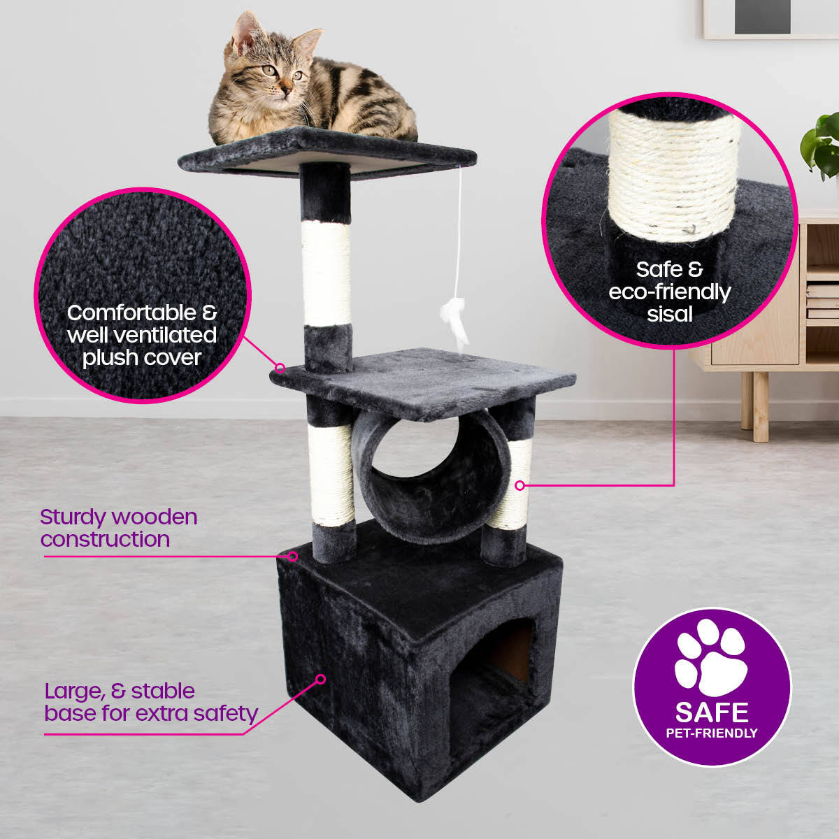 Pet Basic 3 Level Cat Scratch Tree & Playhouse Fun Climb Rest 92 x 35cm