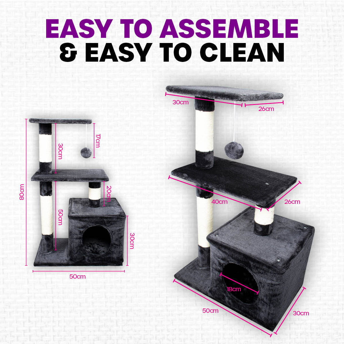 Pet Basic 3 Level Cat Scratching Tower & Playhouse Scratch 80 x 40 x 50cm