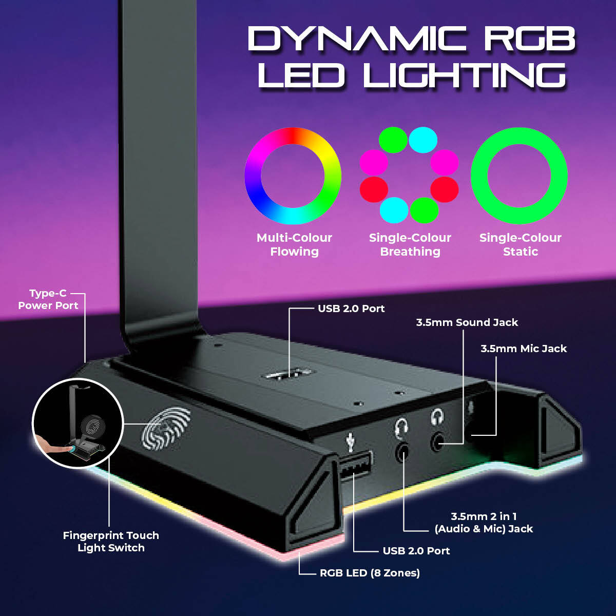 SAS Gaming SGW1 Headset Stand & Docking Station RBG LED Black