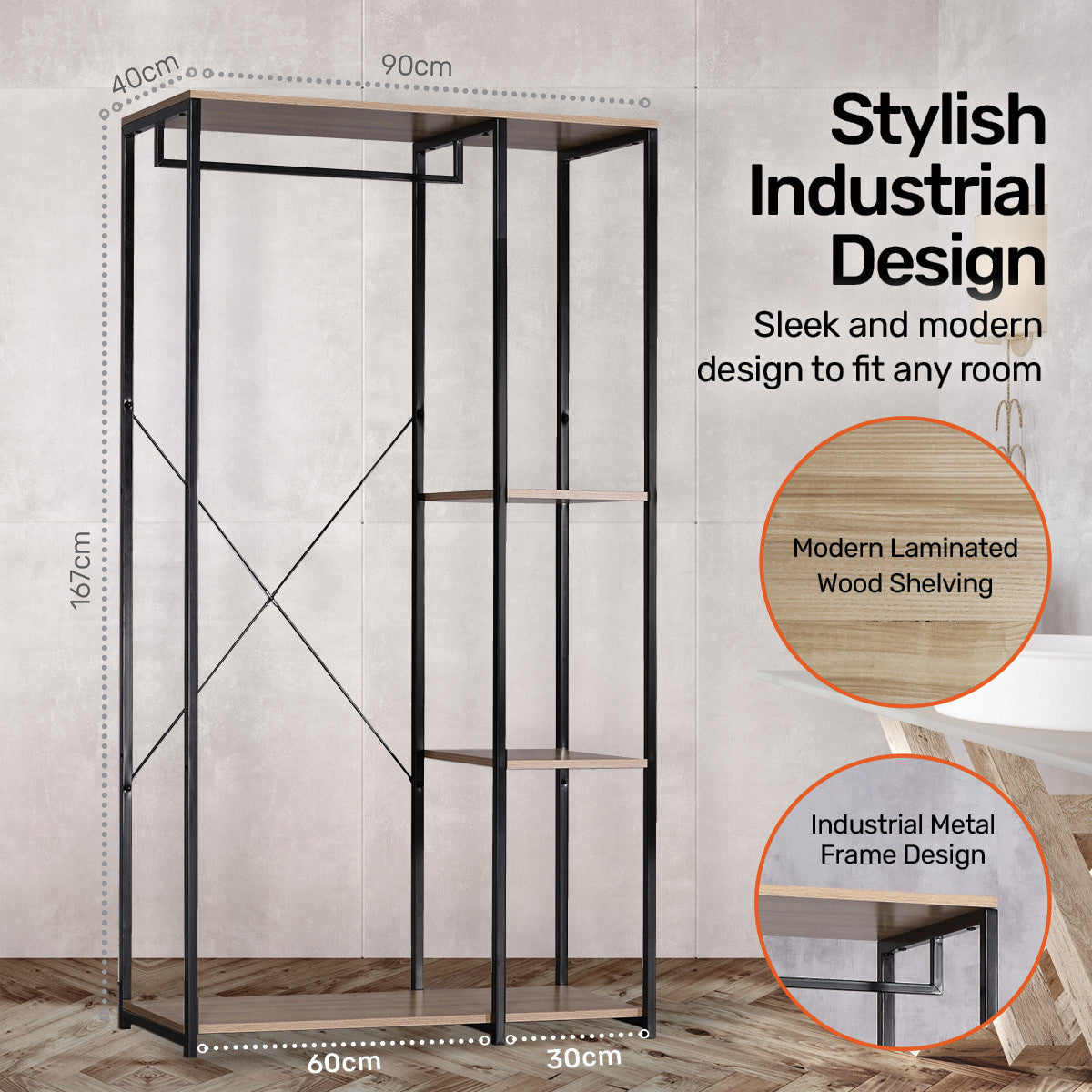 Home Master Garment Rack & Shelving 3 Tier Sleek Stylish Modern Design 1.67m