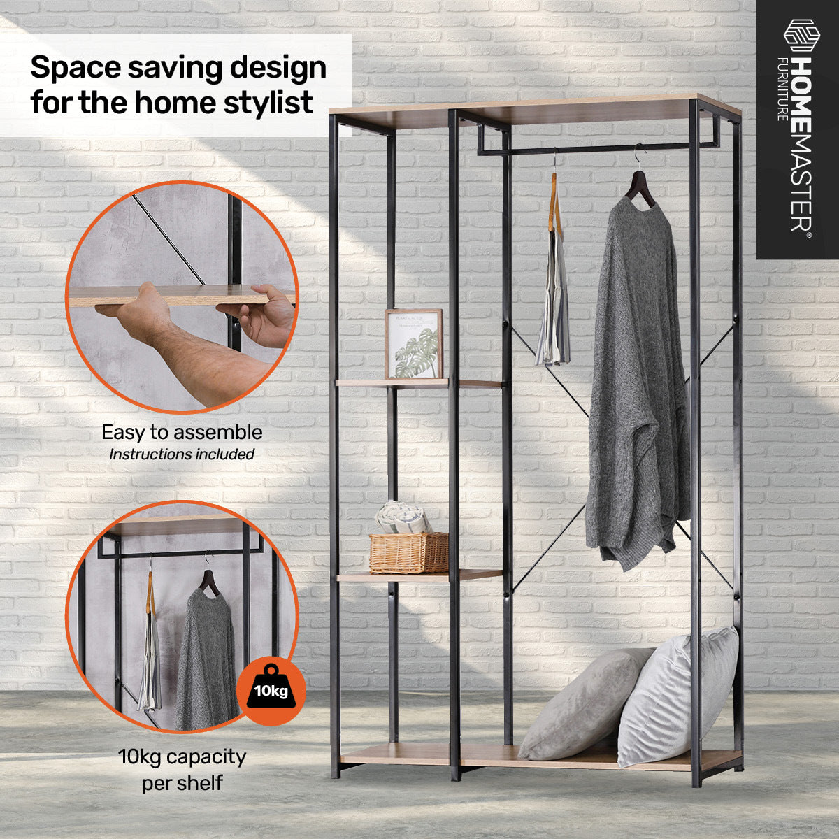 Home Master Garment Rack & Shelving 3 Tier Sleek Stylish Modern Design 1.67m