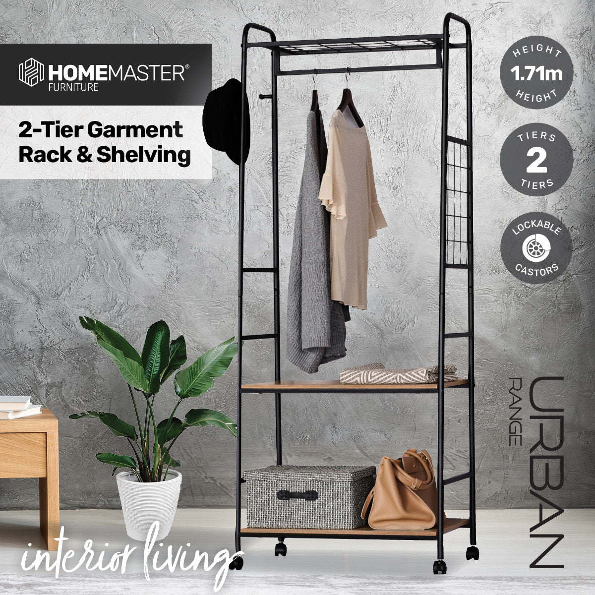 Home Master Garment Rack & Shelving 2 Tier Sleek Stylish Modern Design 1.71m