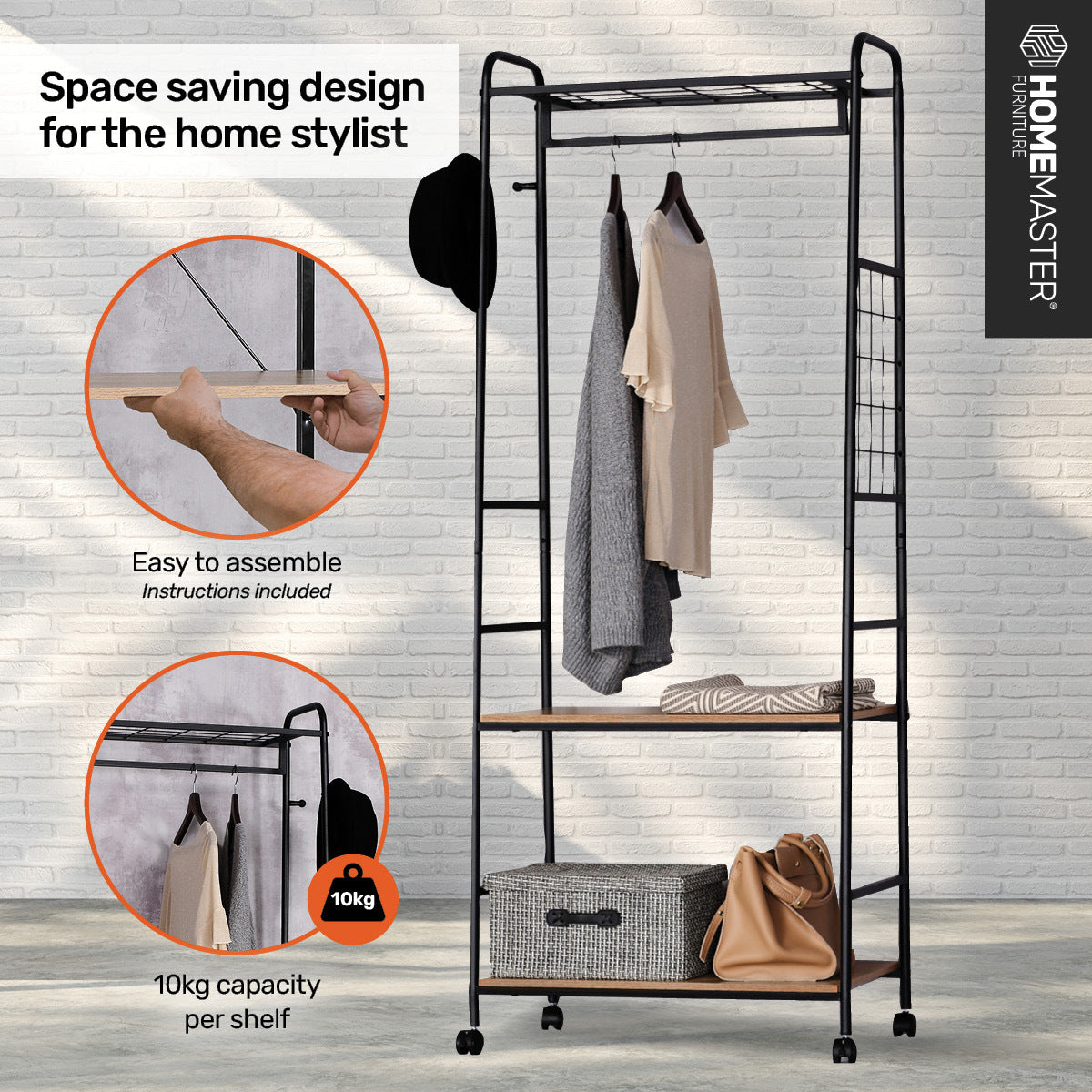 Home Master Garment Rack & Shelving 2 Tier Sleek Stylish Modern Design 1.71m
