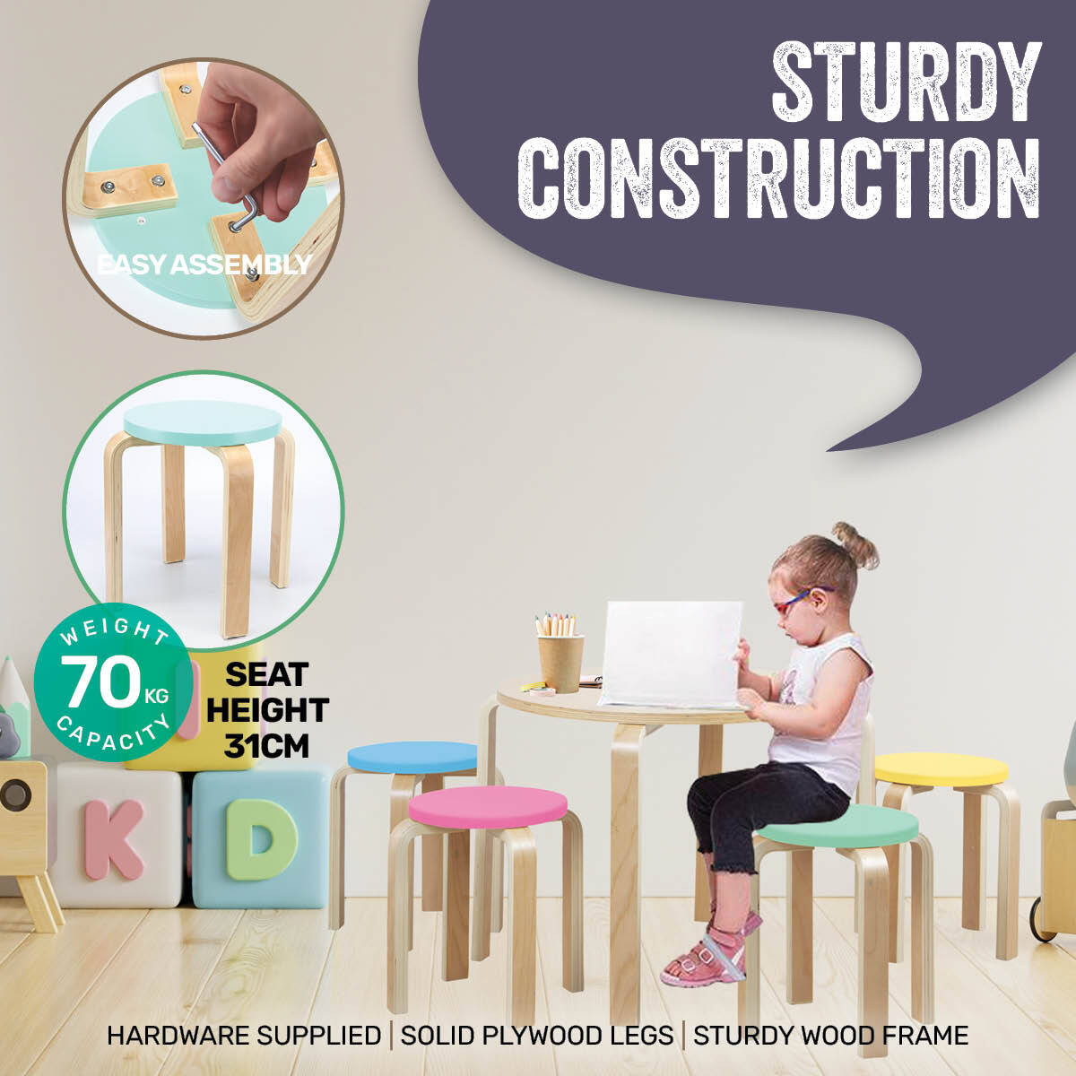 Home Master 5PCE Kids Wooden Table & Coloured Stools Set Stackable Sturdy