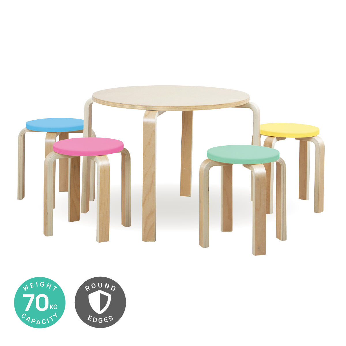 Home Master 5PCE Kids Wooden Table & Coloured Stools Set Stackable Sturdy