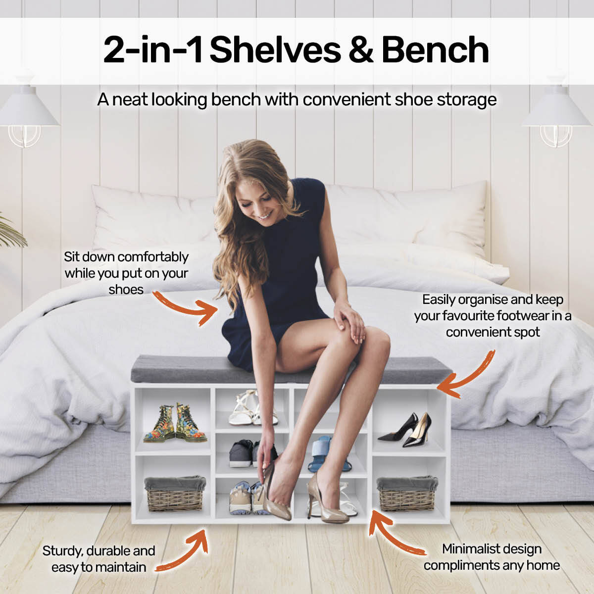 Home Master 2-In-1 Storage/Shoe Cabinet With Padded Cushion Bench 102cm