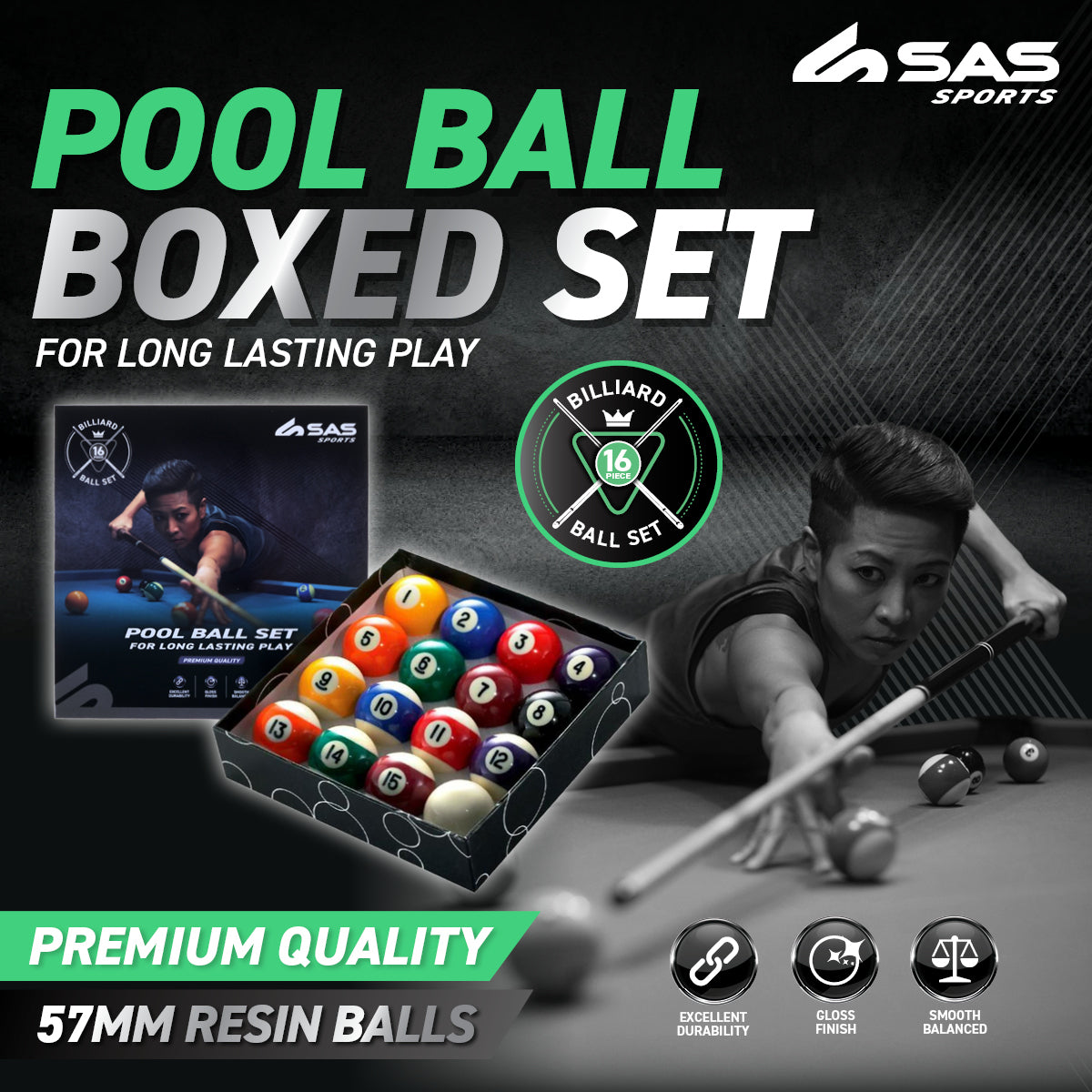 SAS Sports Pool Ball Boxed Set Premium Quality & Durability Gloss Finish