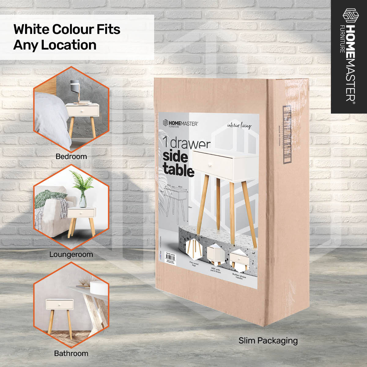 Home Master 1 Drawer Side Table Sleek Modern & Stylish Neutral Design 61cm