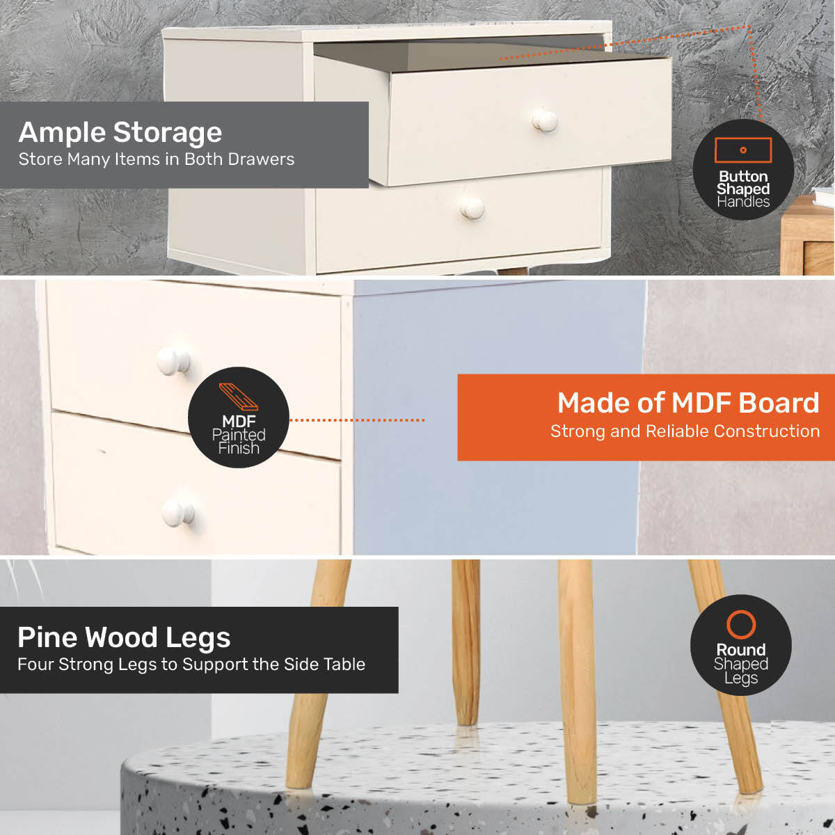 Home Master 2 Drawer Side Table Sleek Modern & Stylish Neutral Design 61cm