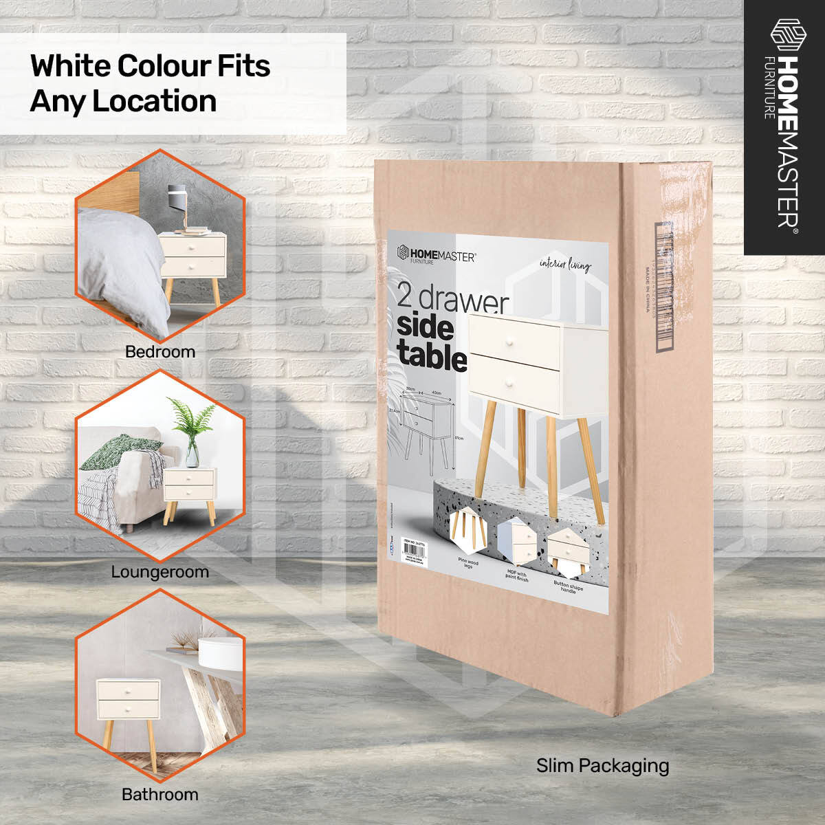 Home Master 2 Drawer Side Table Sleek Modern & Stylish Neutral Design 61cm