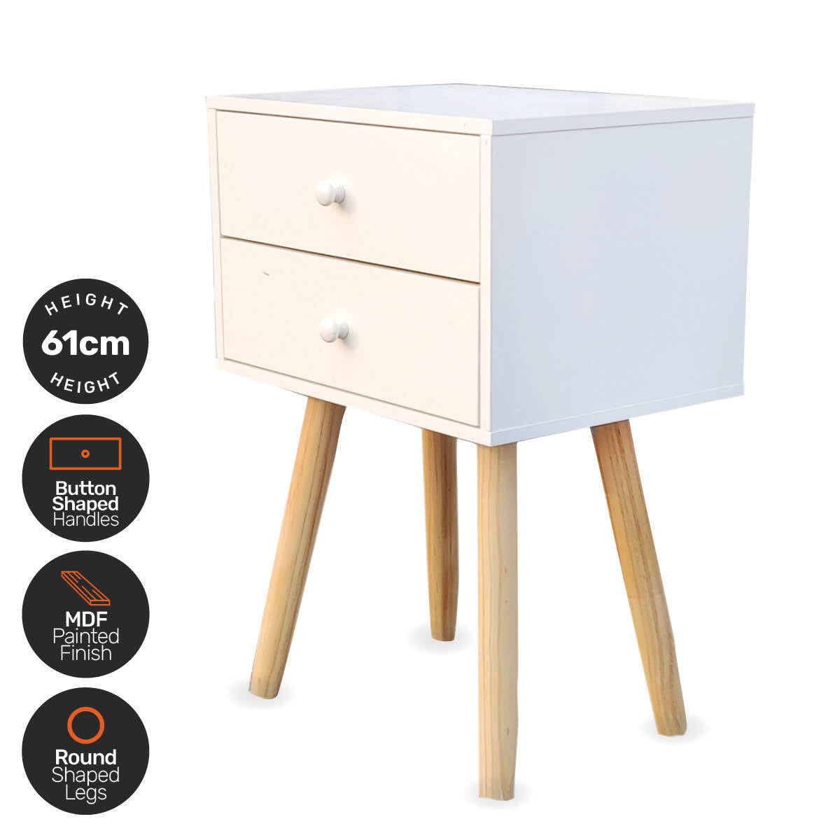 Home Master 2 Drawer Side Table Sleek Modern & Stylish Neutral Design 61cm