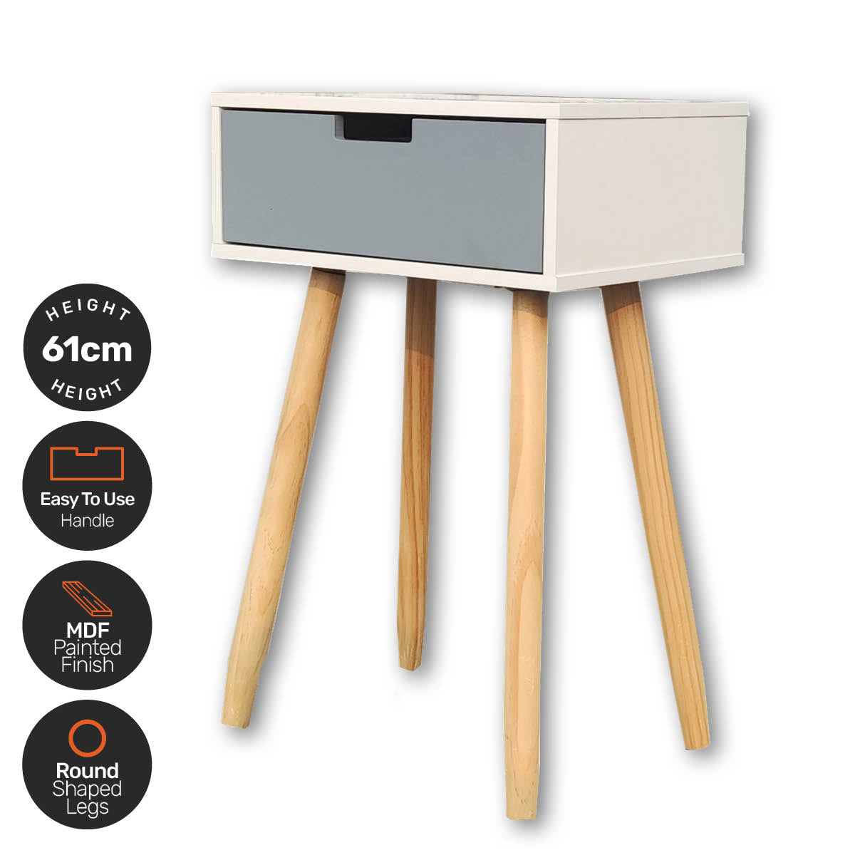 Home Master 1 Drawer Side Table Modern Sleek & Stylish Neutral Design 61cm