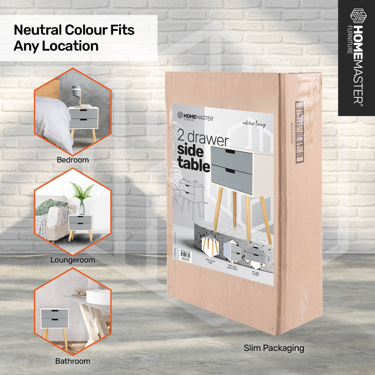 Home Master 2 Drawer Side Table Modern Sleek & Stylish Neutral Design 61cm