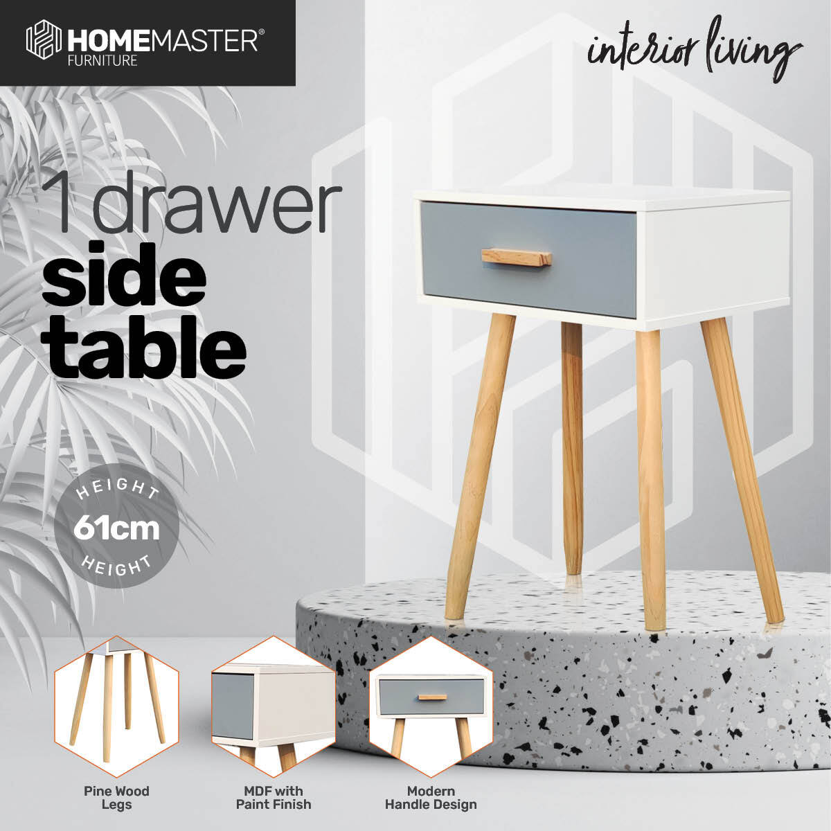 Home Master 1 Drawer Side Table Sleek Modern & Stylish Neutral Design 61cm