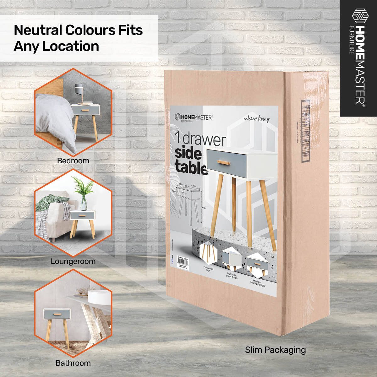 Home Master 1 Drawer Side Table Sleek Modern & Stylish Neutral Design 61cm