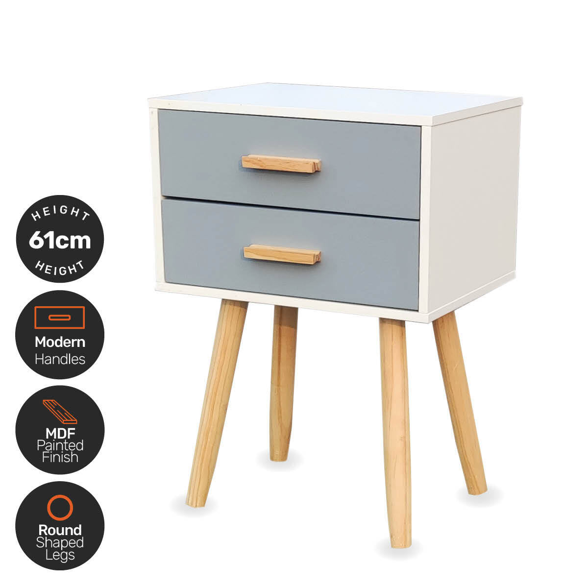 Home Master 2 Drawer Side Table Sleek Modern & Stylish Neutral Design 61cm